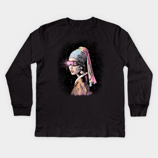 Cyber-Girl with a Pearl Earring Kids Long Sleeve T-Shirt by H. R. Sinclair