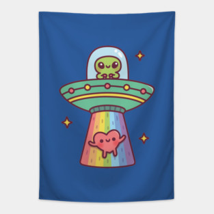 Funny Alien UFO Abducting Cute Heart Tapestry