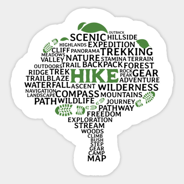 Hike tree made of hiking related words Sticker by Vinokurio