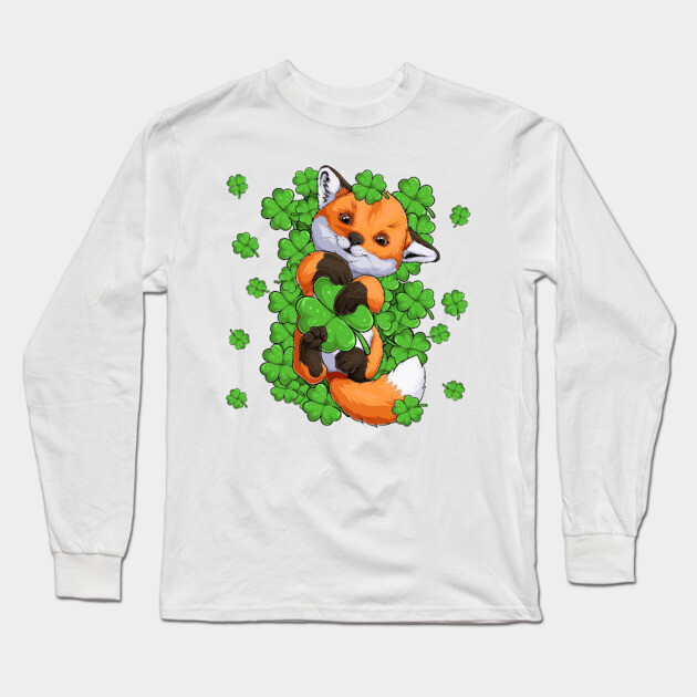 Red Fox Green Shamrocks Long Sleeve T-Shirt by HolidayBug