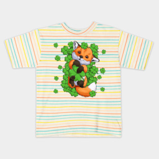 Red Fox Green Shamrocks Kids T-Shirt