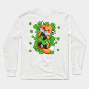 Red Fox Green Shamrocks Long Sleeve T-Shirt
