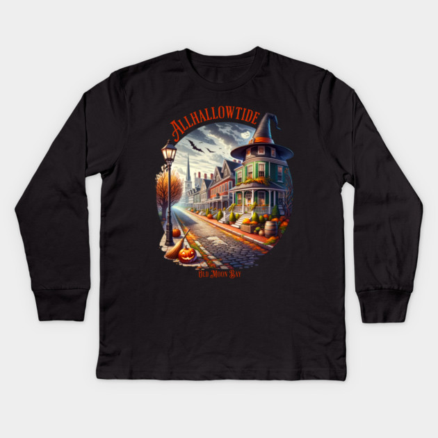 Allhallowtide Witchy Town Kids Long Sleeve T-Shirt by H. R. Sinclair