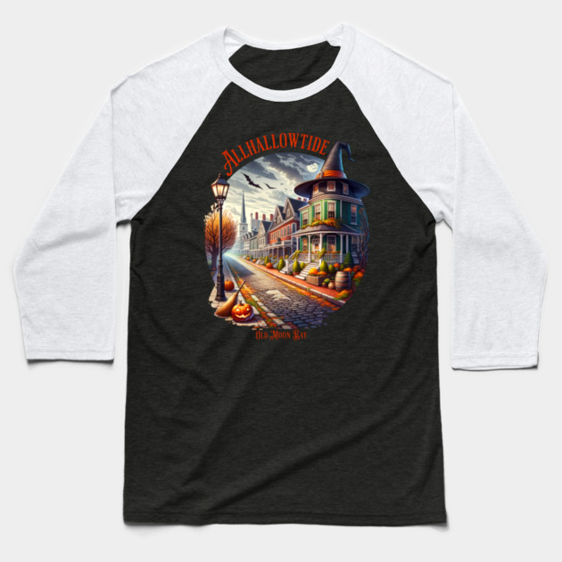 Allhallowtide Witchy Town Baseball T-Shirt by H. R. Sinclair