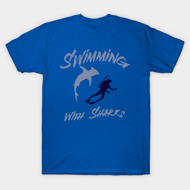 Swimming with Sharks – Scuba Diver and Shark Ocean Adventure T-Shirt by DonWillisJrArt