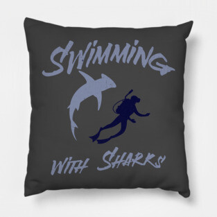 Swimming with Sharks – Scuba Diver and Shark Ocean Adventure Pillow