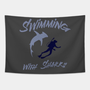 Swimming with Sharks – Scuba Diver and Shark Ocean Adventure Tapestry