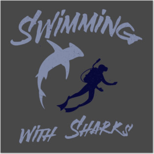 Swimming with Sharks – Scuba Diver and Shark Ocean Adventure Posters and Art