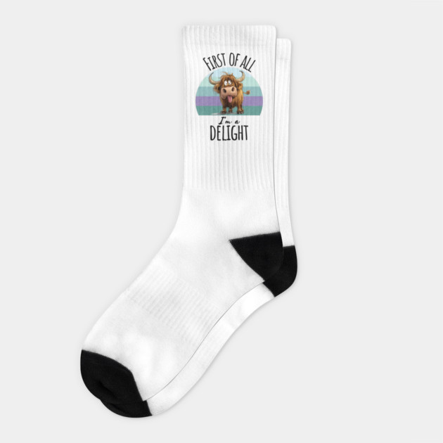 First of All I'm A Delight funny Highland Cow sunset design Socks by Luxinda