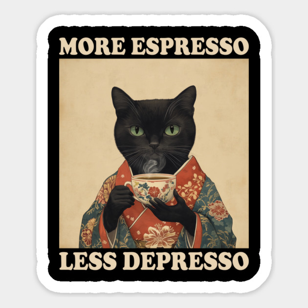 More Espresso Less Depresso kimono Black Cat Coffee Art Magnet by AZEERTEE