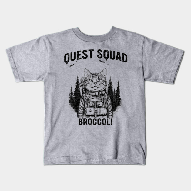 Quest Squad Broccoli Adventure Cat Fantasy Design Kids T-Shirt by AZEERTEE