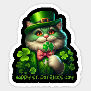 St. Patricks Day Irish Cat Holding A Shamrock Sticker