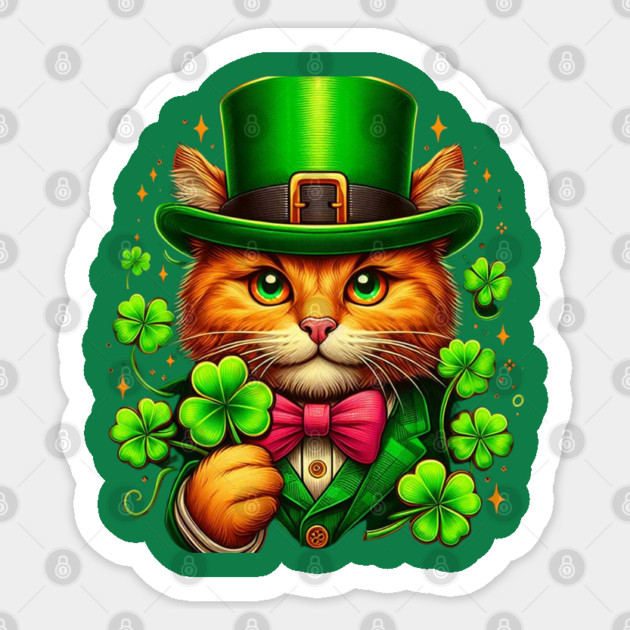Lucky Orange Cat Holding A Shamrock Irish St. Patricks Day Sticker by Creatifly Graphic Tees