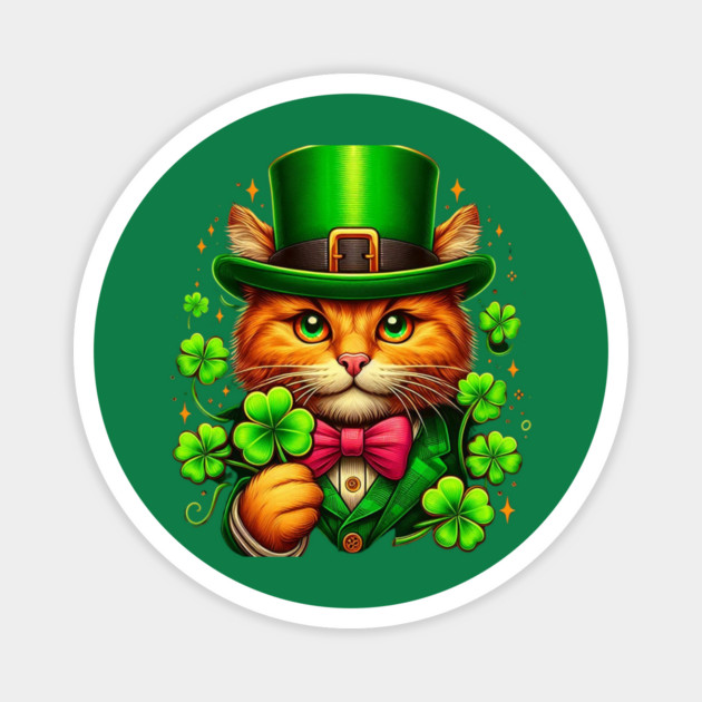 Lucky Orange Cat Holding A Shamrock Irish St. Patricks Day Magnet by Creatifly Graphic Tees