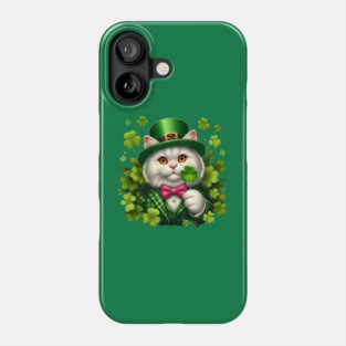 St. Patricks Day White Irish Cat Wearing A Leprechaun And Holding A Shamrock Phone Case