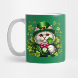St. Patricks Day White Irish Cat Wearing A Leprechaun And Holding A Shamrock Mug
