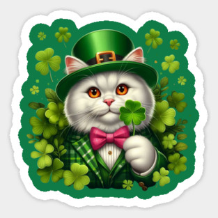 St. Patricks Day White Irish Cat Wearing A Leprechaun And Holding A Shamrock Sticker