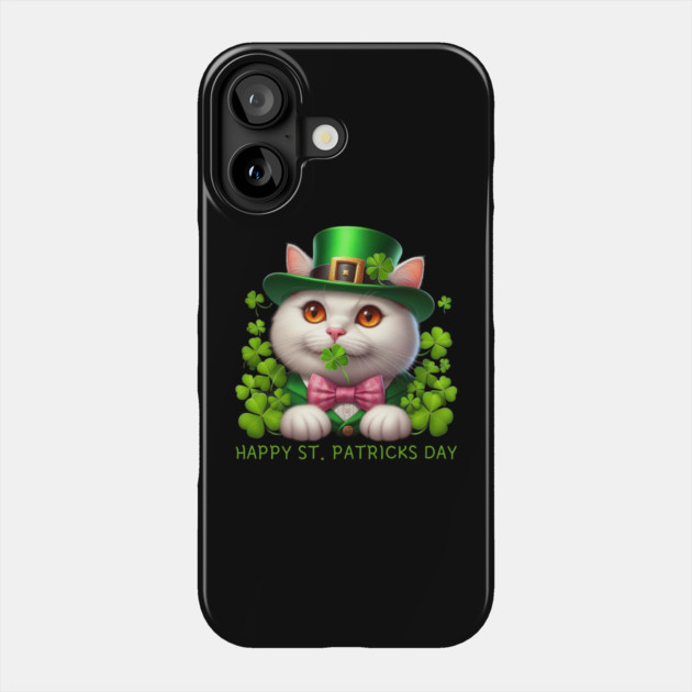 Happy St. Patricks Day Irish White Cat Holding A Shamrock Lucky Phone Case by Creatifly Graphic Tees