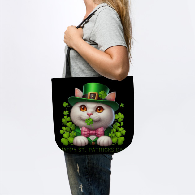 Happy St. Patricks Day Irish White Cat Holding A Shamrock Lucky by Creatifly Graphic Tees