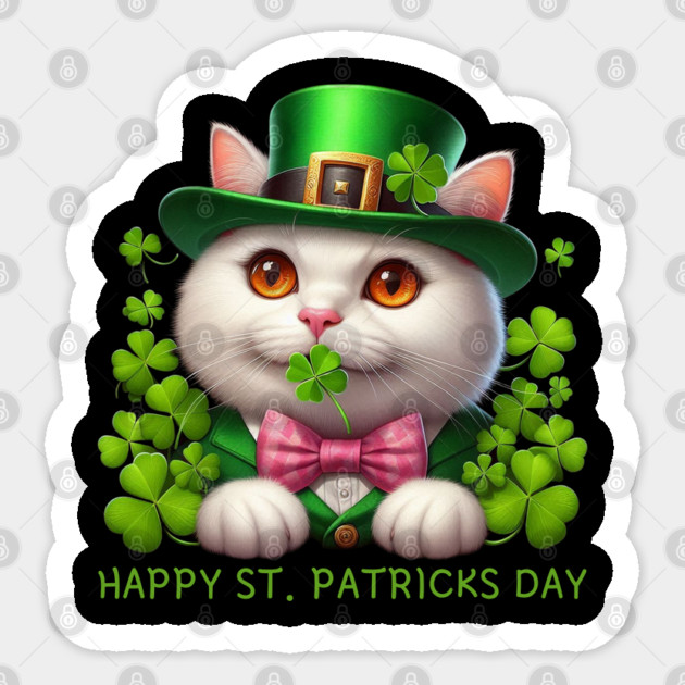 Happy St. Patricks Day Irish White Cat Holding A Shamrock Lucky Sticker by Creatifly Graphic Tees