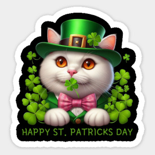 Happy St. Patricks Day Irish White Cat Holding A Shamrock Lucky Magnet