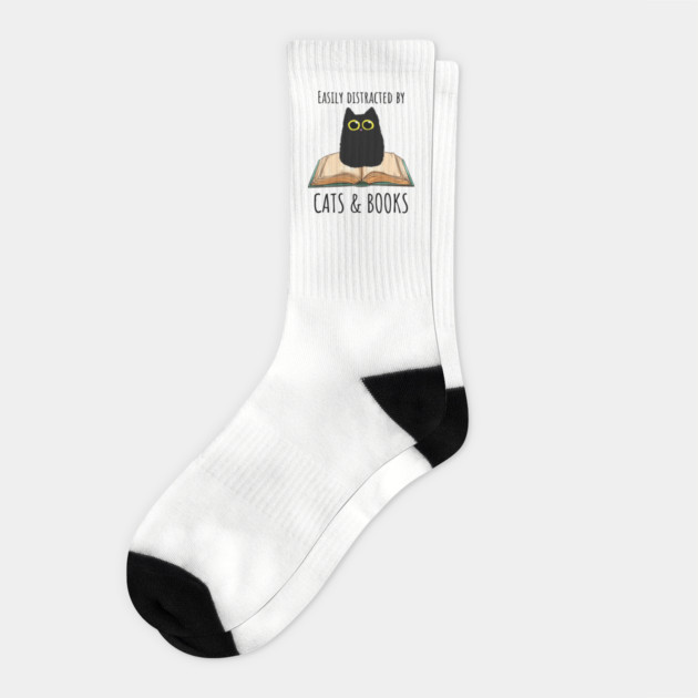 Easily Distracted By Cats & Books Socks by Premachandra's Store
