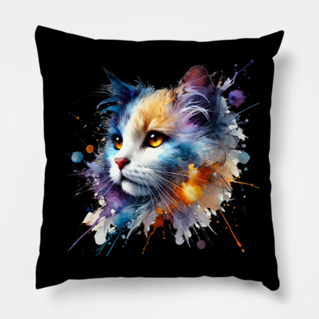 Abstract Watercolor Cat Pillow by Premachandra's Store