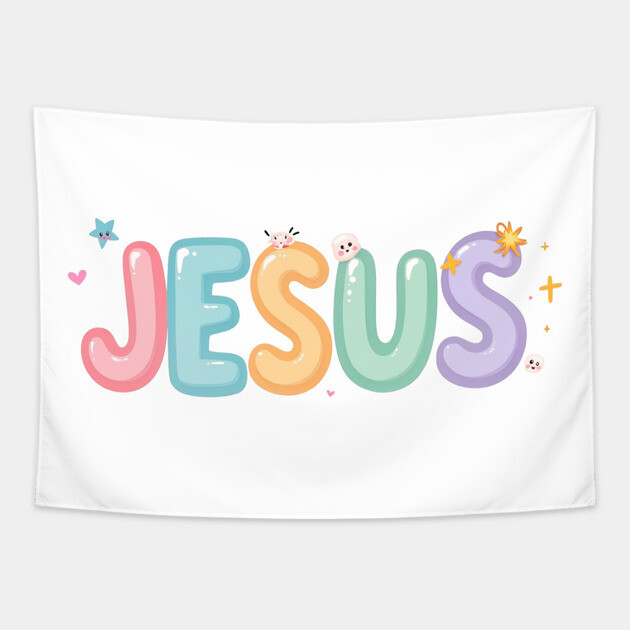 Jesus Cartoon Kids Design - Fun Christian Faith Graphic Tapestry by Rox