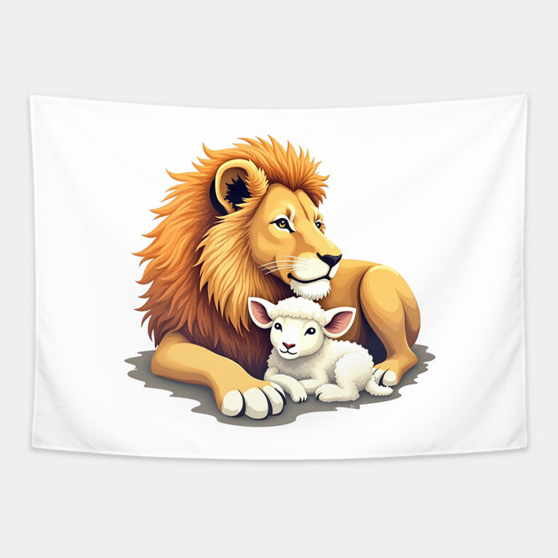 Christian Lion and Lamb Design - Symbol of Peace and Strength Tapestry by Rox