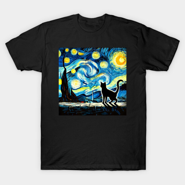Starry Night Cat – Van Gogh-Inspired T-Shirt by Premachandra's Store