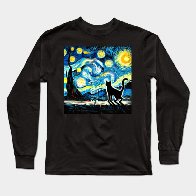 Starry Night Cat – Van Gogh-Inspired Long Sleeve T-Shirt by Premachandra's Store