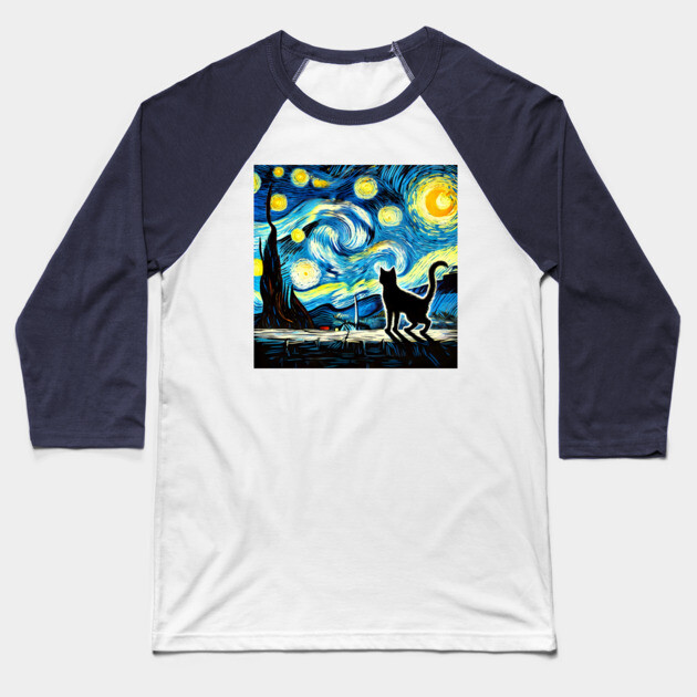 Starry Night Cat – Van Gogh-Inspired Baseball T-Shirt by Premachandra's Store