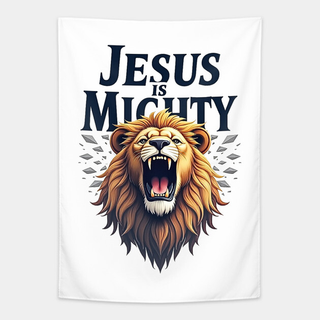God is Mighty Roaring Lion Christian Design Tapestry by Rox