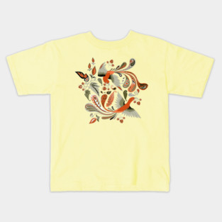 birds and begonia paisley - orange/olive green Kids T-Shirt