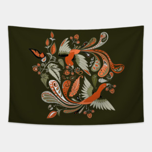birds and begonia paisley - orange/olive green Tapestry