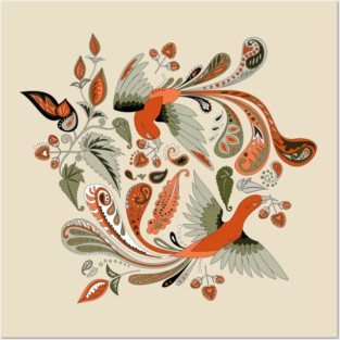 birds and begonia paisley - orange/olive green Posters and Art