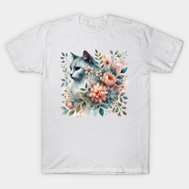 Floral Watercolor Cat T-Shirt by Premachandra's Store