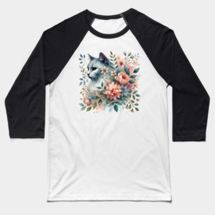 Floral Watercolor Cat Baseball T-Shirt