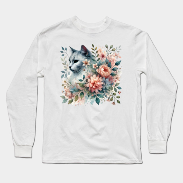 Floral Watercolor Cat Long Sleeve T-Shirt by Premachandra's Store
