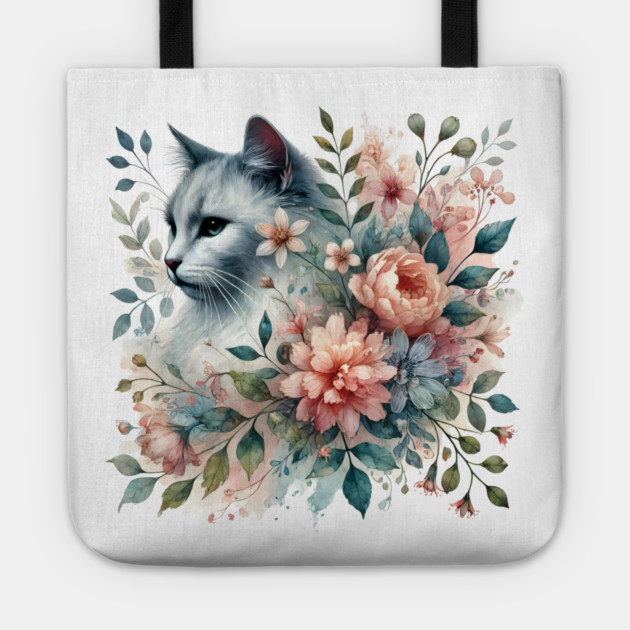 Floral Watercolor Cat Tote by Premachandra's Store