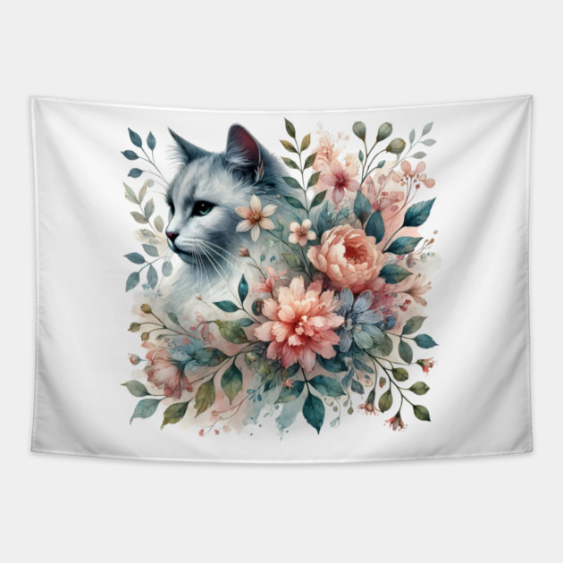 Floral Watercolor Cat Tapestry by Premachandra's Store