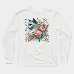 Floral Watercolor Cat Long Sleeve T-Shirt