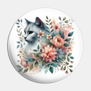 Floral Watercolor Cat Pin
