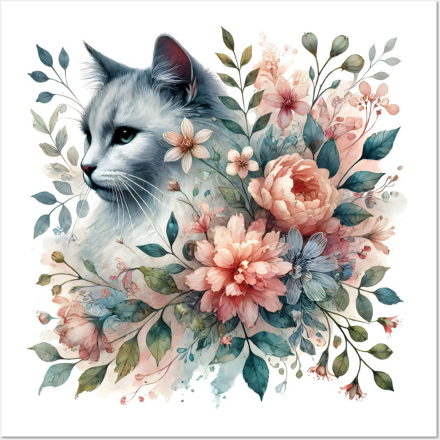 Floral Watercolor Cat Wall Art by Premachandra's Store