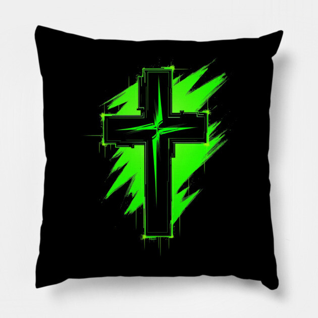 Cross with Reflector Green Lightning Pillow by Rox