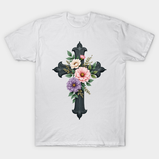 Floral Cross - Inspirational Cross with Flowers and Leaves T-Shirt by Rox