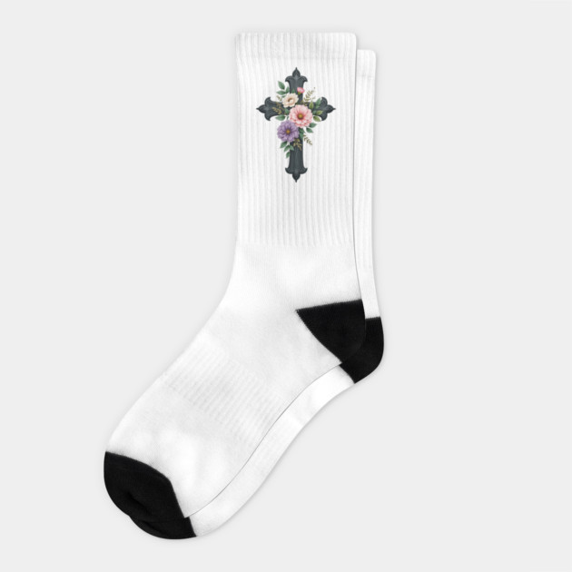 Floral Cross - Inspirational Cross with Flowers and Leaves Socks by Rox