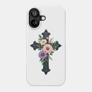 Floral Cross - Inspirational Cross with Flowers and Leaves Phone Case
