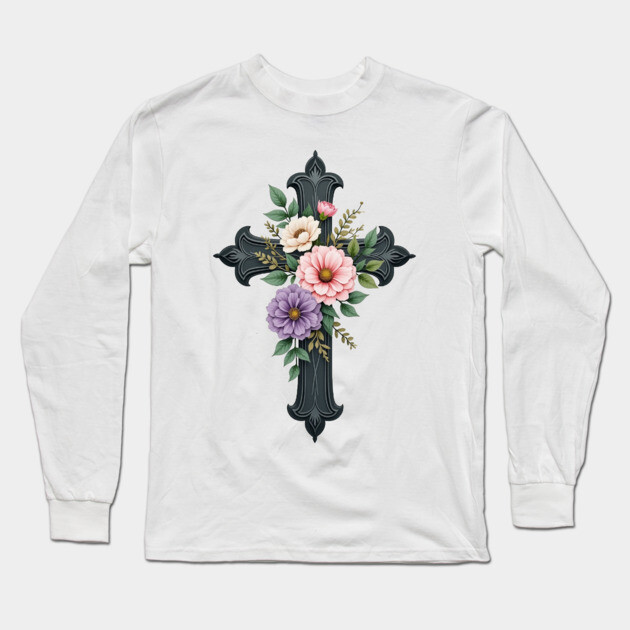Floral Cross - Inspirational Cross with Flowers and Leaves Long Sleeve T-Shirt by Rox