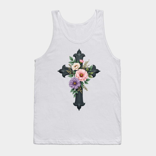 Floral Cross - Inspirational Cross with Flowers and Leaves Tank Top by Rox